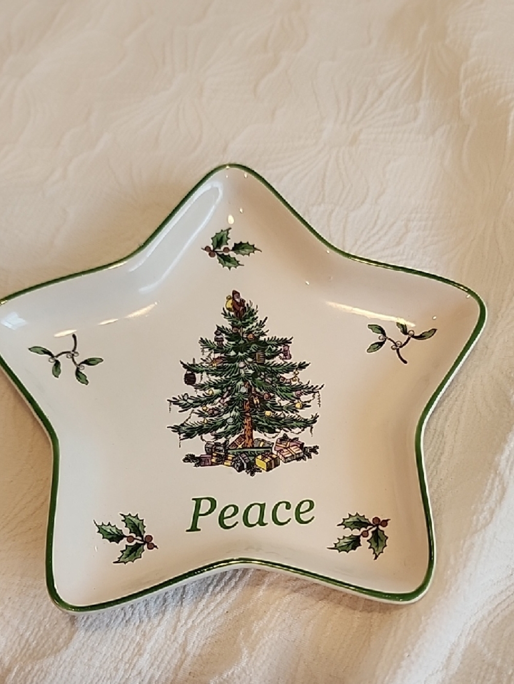 Spode Star Holiday Trinket Dish in White and Green - "Peace"